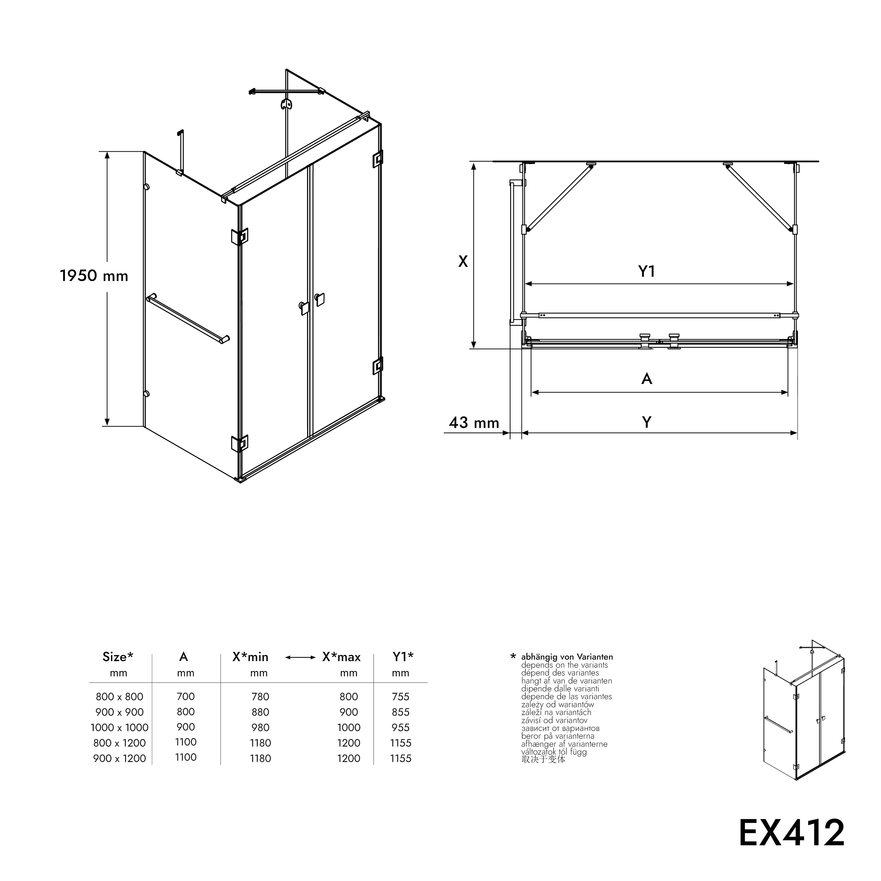 Brusevæg EX412 i U-form med hængslede døre - Image 8