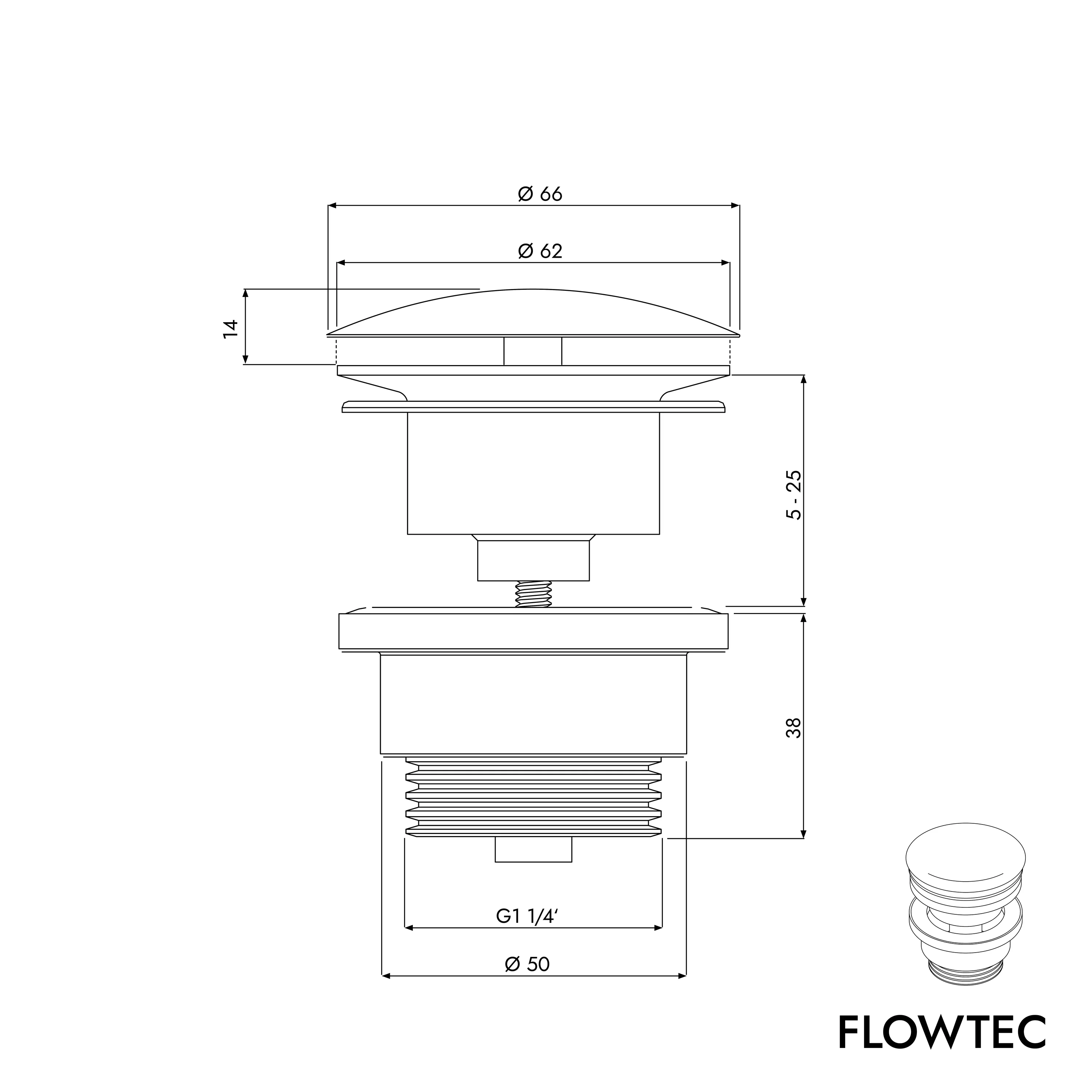 FLOWTEC afløbsventil til håndvaske uden overløb - Image 29