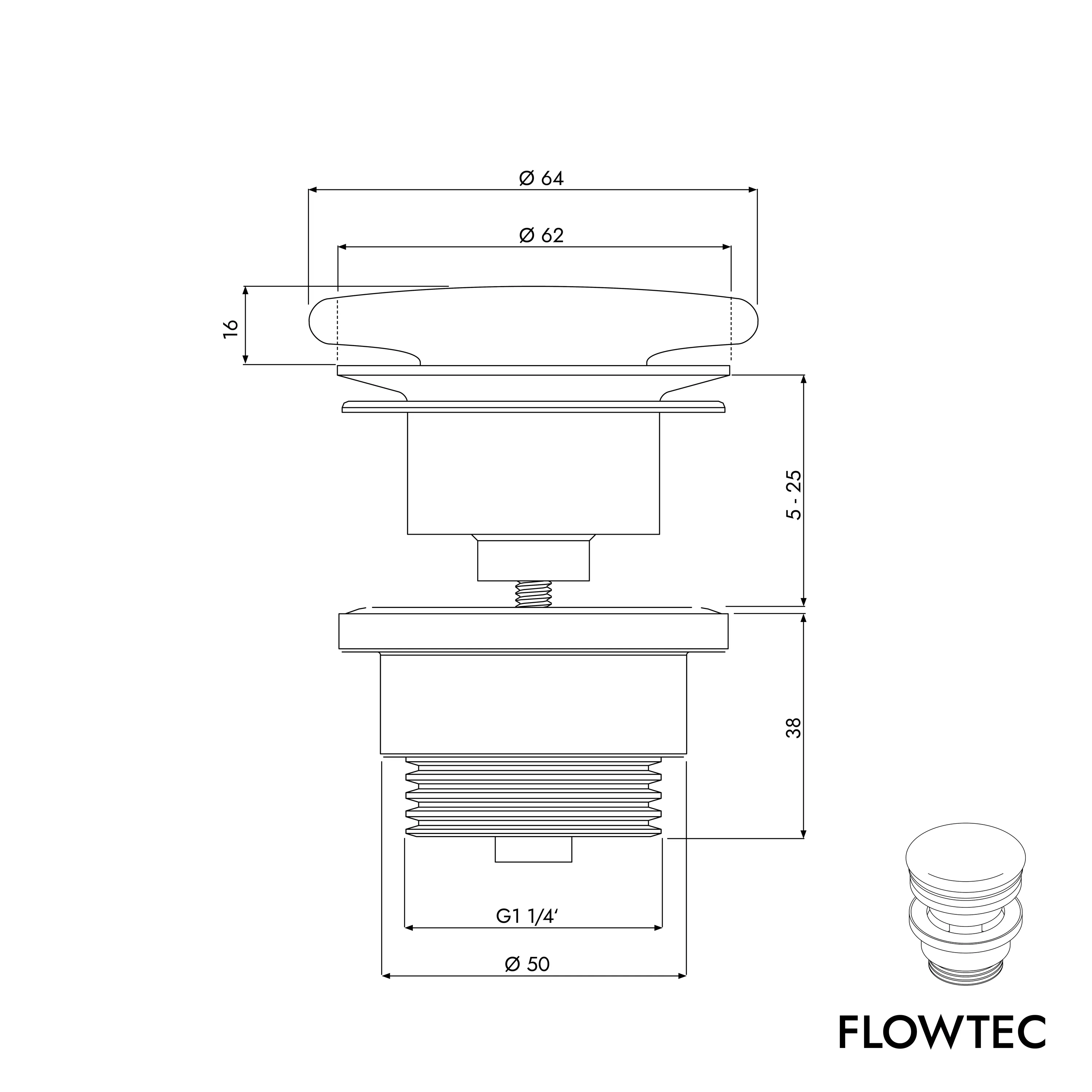 FLOWTEC afløbsventil til håndvaske uden overløb - Image 30