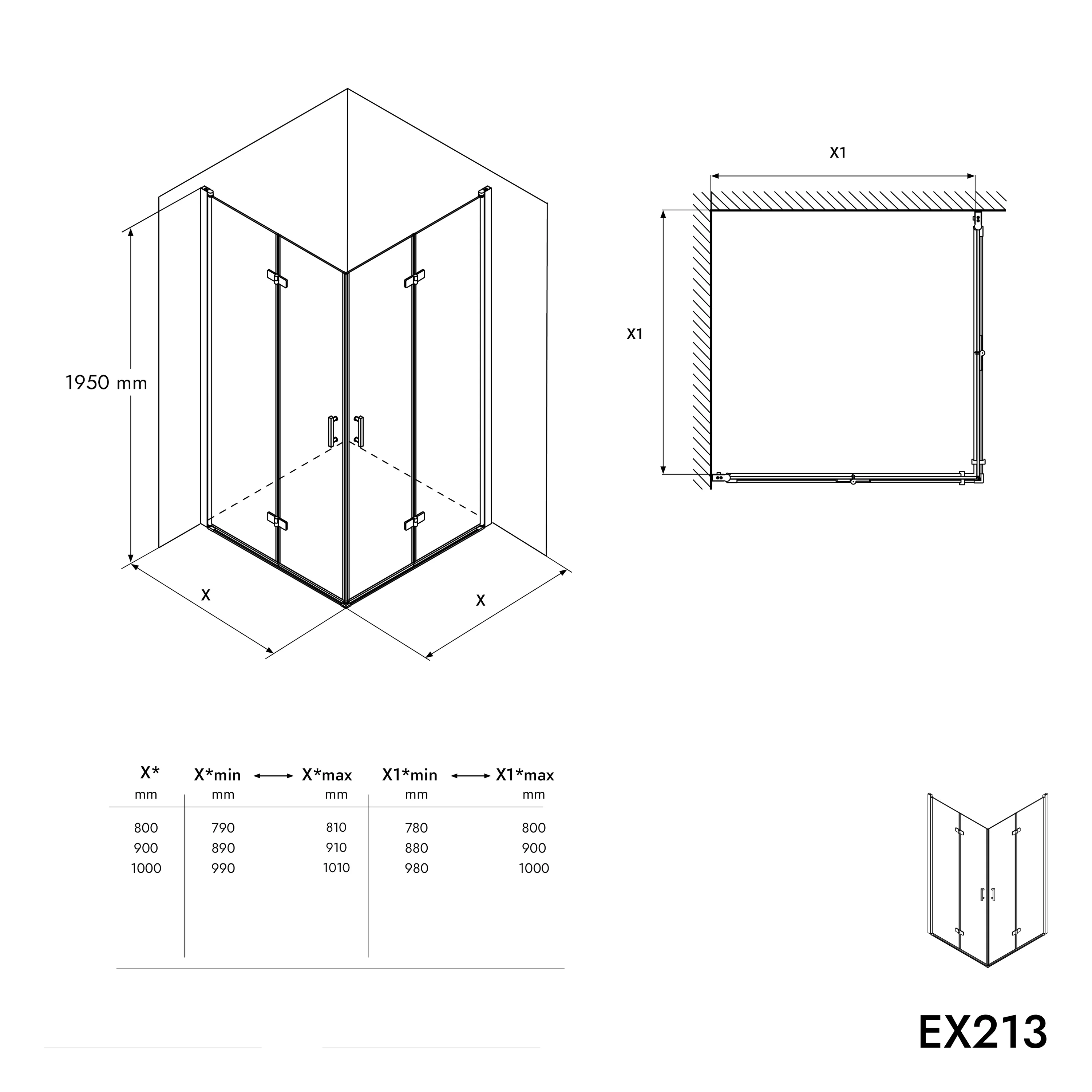 Foldevæg til brusebad, af NANO-glas, EX213, 100 × 100 × 195 cm + brusebund - Image 9