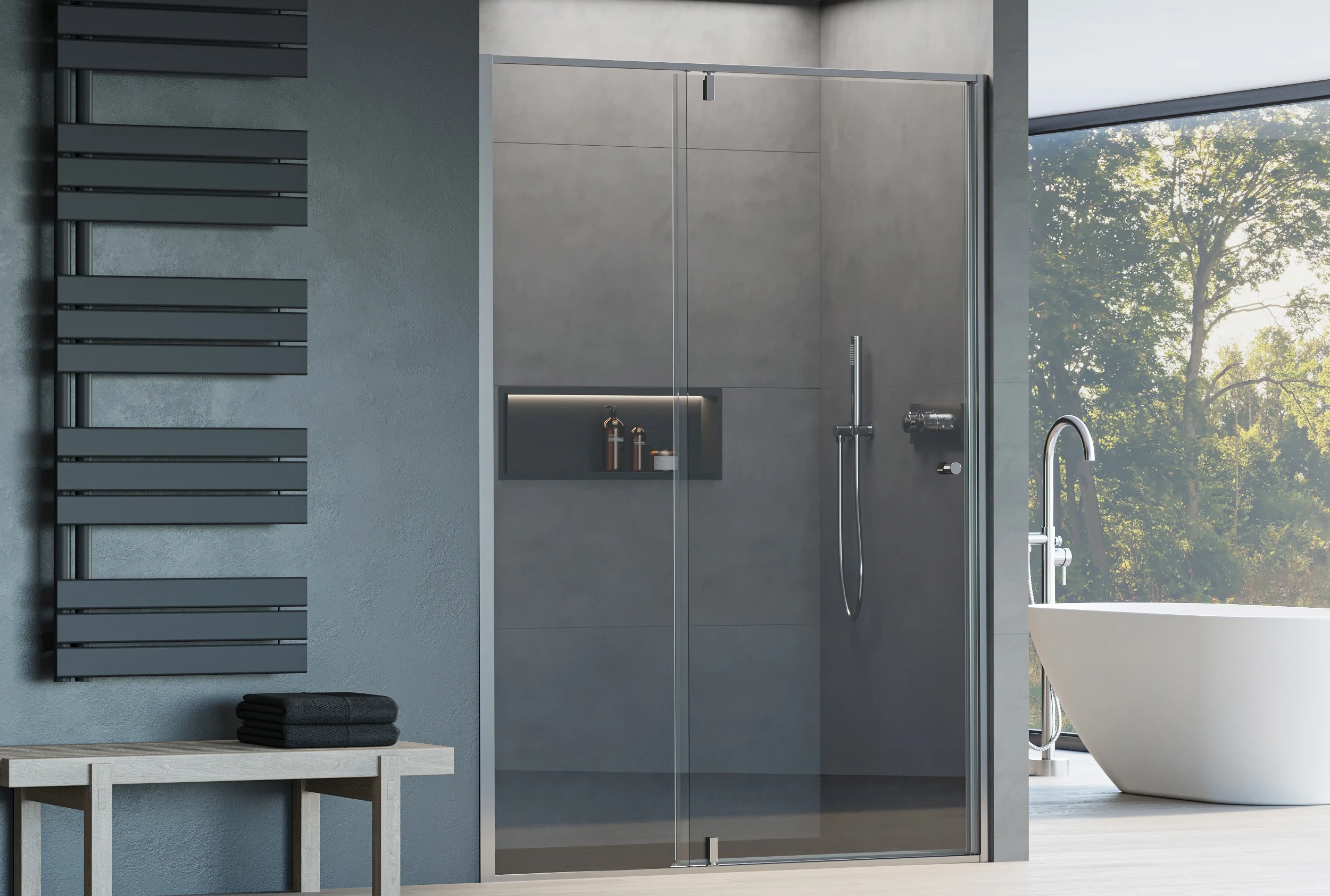 Niche-bruser med svingdør på fast panel NT606 FLEX - 6 mm nano klar glas - profilfarve kan vælges