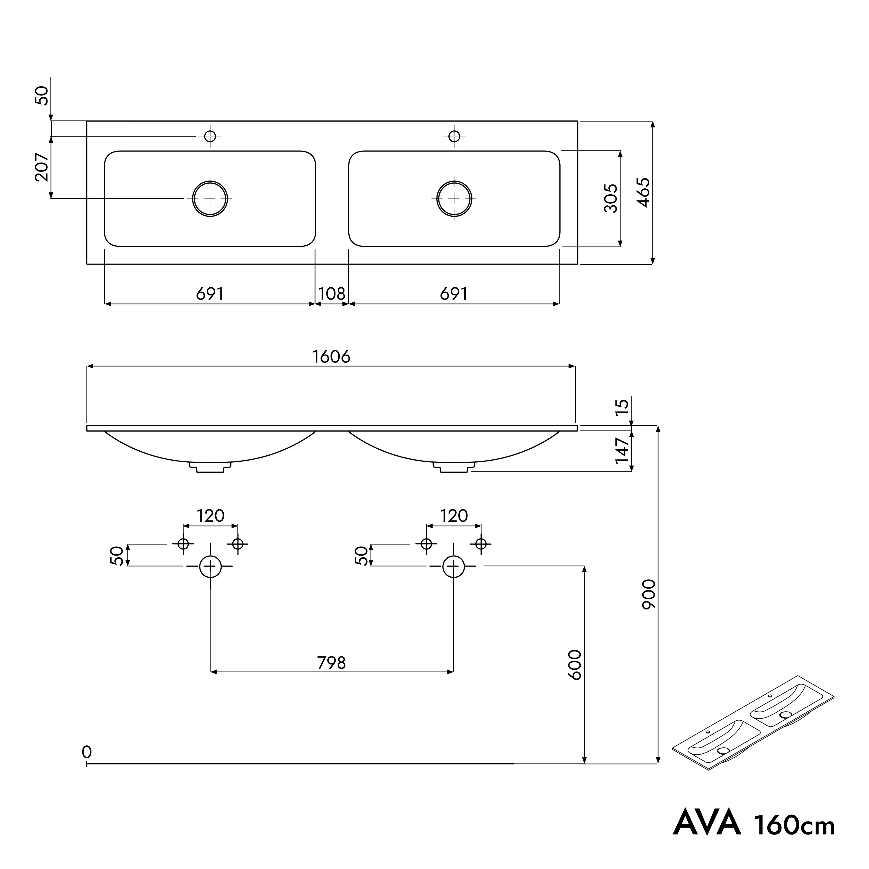 Vaskeskab AVA 160 cm med mineralstøbt håndvask CREAM  - Image 49